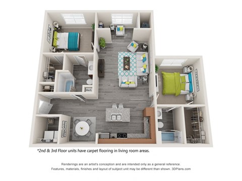 Floor plan for 2 beds, 2 baths, 1222 sqft